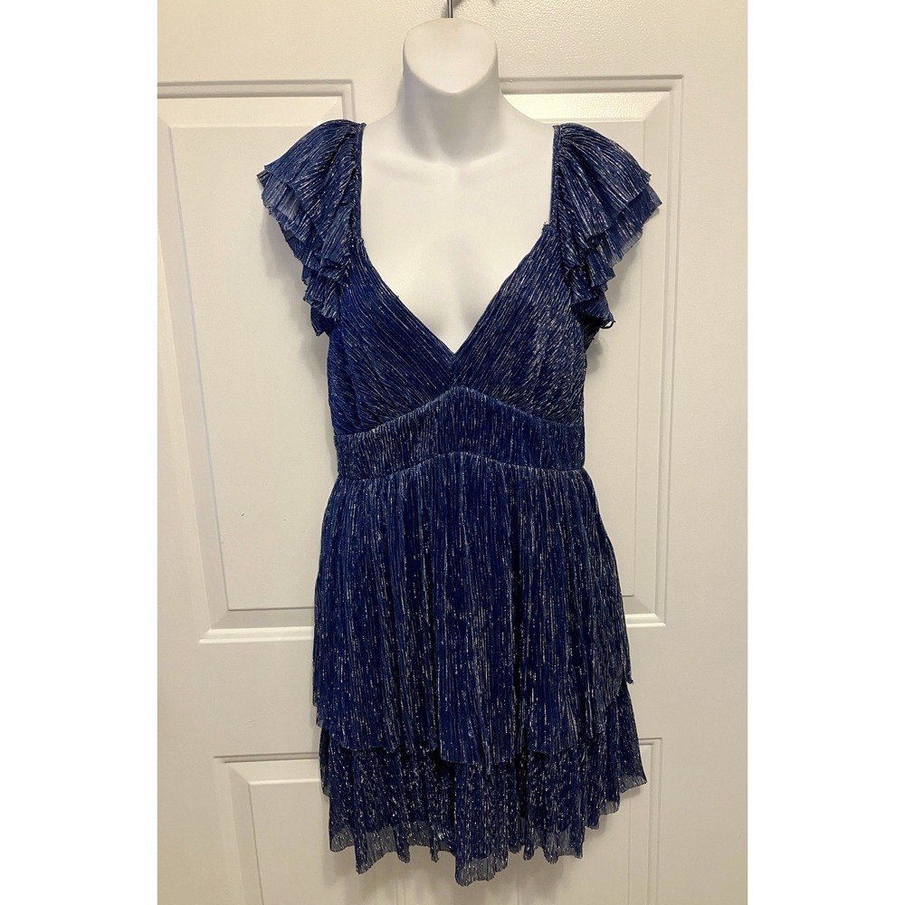 Francesca's NWT Women’s Blue Silver Metallic Flare Ruffle Mini Dress Size Medium
